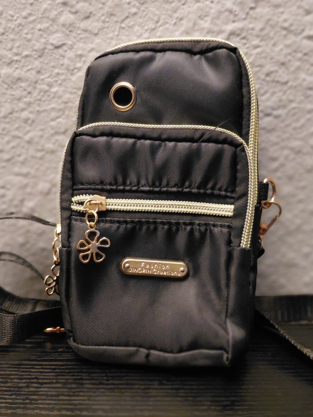 Black Crossbody Phone Pouch with Gold Accents